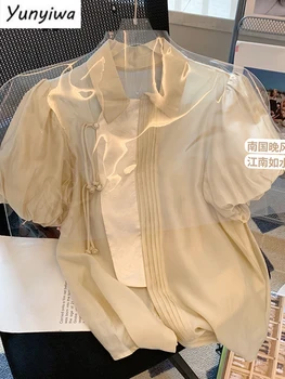Блузи, дамски ризи, френска реколта риза с дантела с къс ръкав, лятна нова елегантна риза с копчета 2022